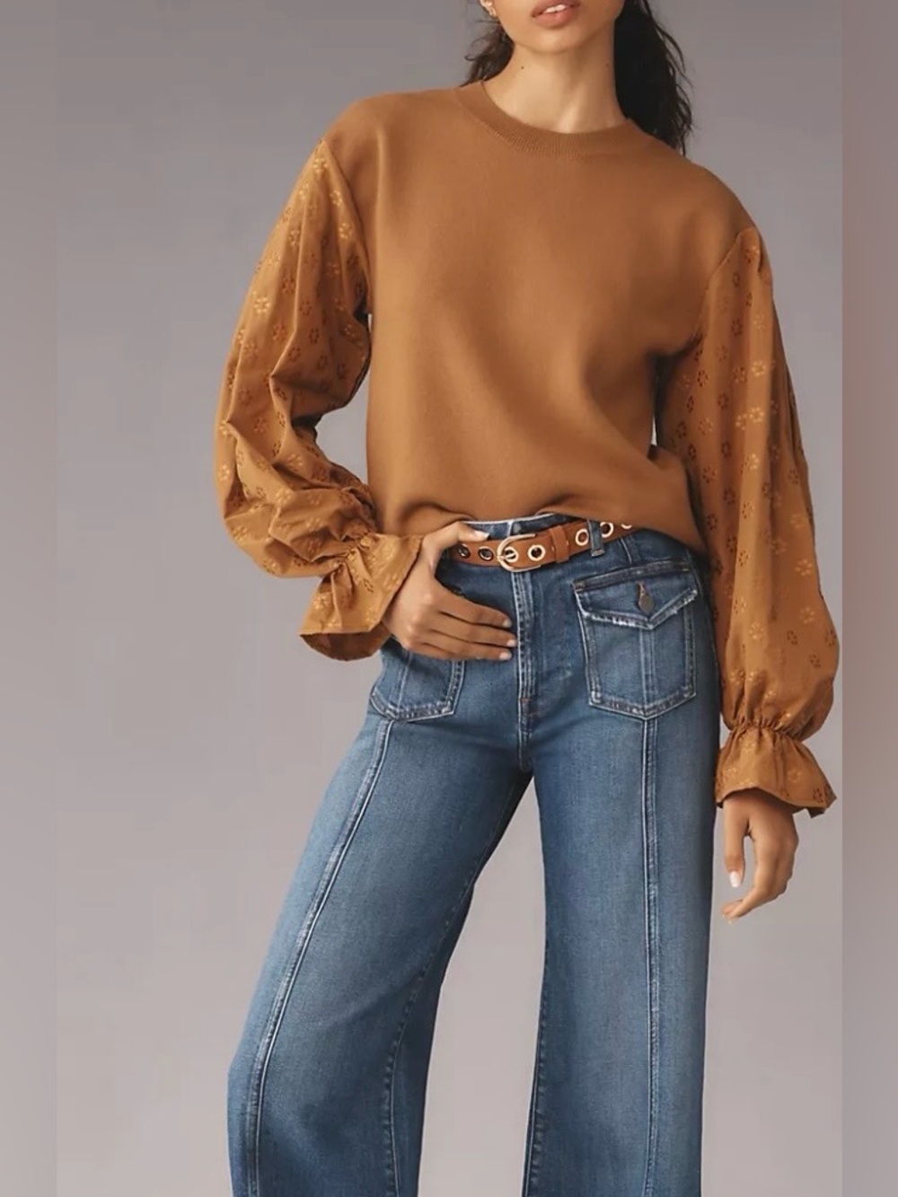Anthropologie Mixed Media Eyelet Puff Sleeve Sweater Size L